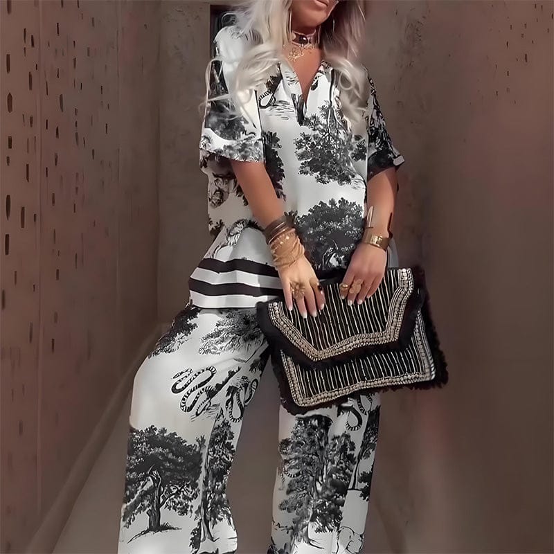 Women's printed set: V-neck top and long pants