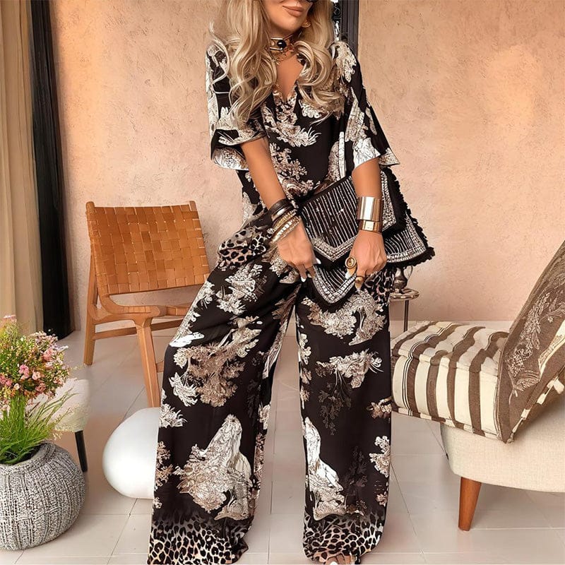 Women's printed set: V-neck top and long pants